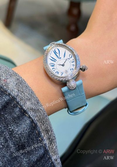 High Quality Replica BREGUET Reine De Naples Light Blue Leather Strap White Face Dial White Diamond Inlaid Case Watch